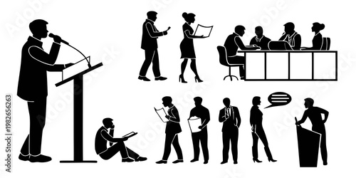 Corporate business team silhouettes in office environment showing meetings research and presentation with business silhouette corporate teamwork presentation professional research