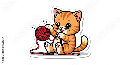 Charming playful orange tabby kitten joyfully engages with a red ball of yarn, depicting adorable feline fun and innocence