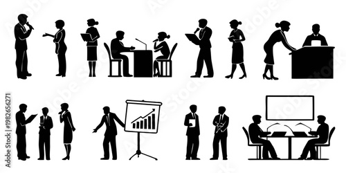Business meeting and office work silhouettes with charts and laptops silhouette business presentation collaboration corporate discussion colleagues management strategy planning