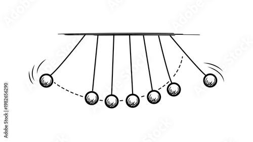 Newton's Cradle Pendulum Wave Vector Icon Illustration. Minimalist black line art on white background showing kinetic energy and momentum in motion. Hand-drawn sketch of physics experiment tool.