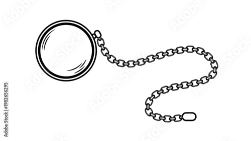 Minimalist black line vector icon illustration of a vintage monocle with a chain, hand-drawn style on a white background, perfect for gentleman, retro, and classic fashion design projects.