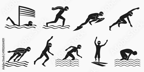 Collection of swimming activities and water sport icons with swimming pool swimming activity exercise training competition natation silhouette elements collection graphics recreation