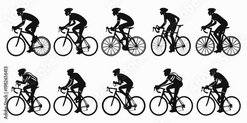 Black silhouette icons of cyclists on road bikes in different riding positions for sports design with silhouette exercise training competition professional activity equipment transportati