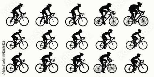 Set of black silhouettes of cyclists riding road bikes in various positions isolated on white background with silhouette exercise training competition professional activity equipment