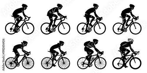 Collection of road cyclist silhouettes on bikes in various riding postures with silhouette exercise training competition professional activity equipment transportation lifestyle