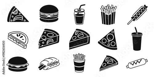 Set of black and white fast food icons featuring pizza slices burgers french fries drinks junk food illustration restaurant takeaway silhouette collection delicious appetizer snacking