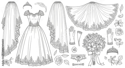 Vintage Wedding Dress and Accessories Illustration.