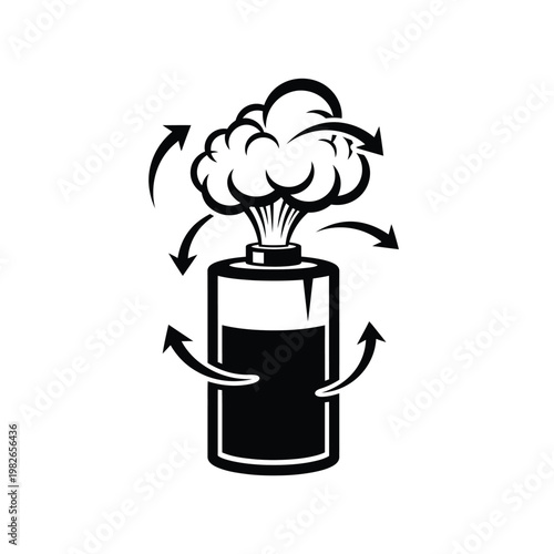 Black and white spray can with paint cloud and arrows
