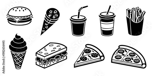 Fast food meal icon set containing burger soda fries ice cream sandwich pizza slices with french fries junk food snack bar sandwich collection restaurant takeaway delicious appetizer