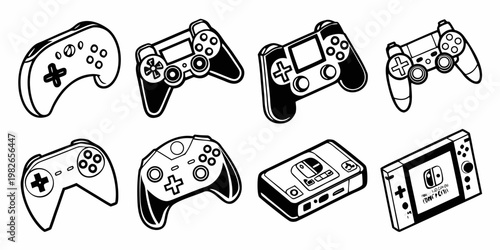 Collection of various handheld and console game controllers and handheld devices with controller joystick handheld videogame electronics portable entertainment accessory simulation