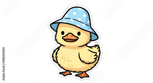Delightful Animated Yellow Duckling Adorned in a Charming Blue Polka Dot Hat, Whimsical Character Art