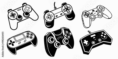 Selection of black and white game controllers and input devices for gaming consoles with controller joystick videogame electronics interface entertainment accessory simulation graphics