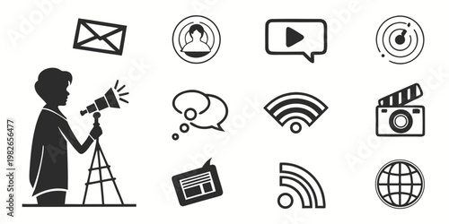 Digital media and communication icons set with communication internet technology broadcast telescope connection iconography information marketing presentation interface digitalization