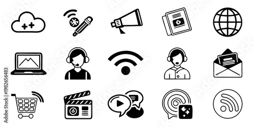 Set of black and white communication and internet technology icons with technology internet communication connection shopping business application interface symbolic computer broadcast