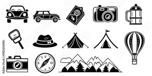 Travel and adventure icons including vehicles camera hot air balloon magnifying glass french press adventure mountains vacation transportation photography landscape exploration