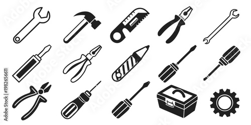 Professional tool kit icon collection including hammer wrench and pliers with construction hardware equipment maintenance screwdriver industry carpentry mechanic professional renovation