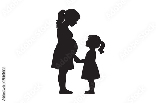 Silhouettes of a pregnant woman and a young child holding hands