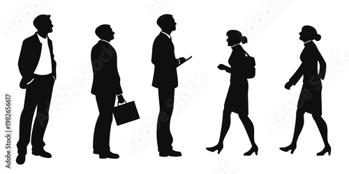 Set of black business person silhouettes standing and walking in professional attire with silhouette business professional standing corporate briefcase colleagues management leadership
