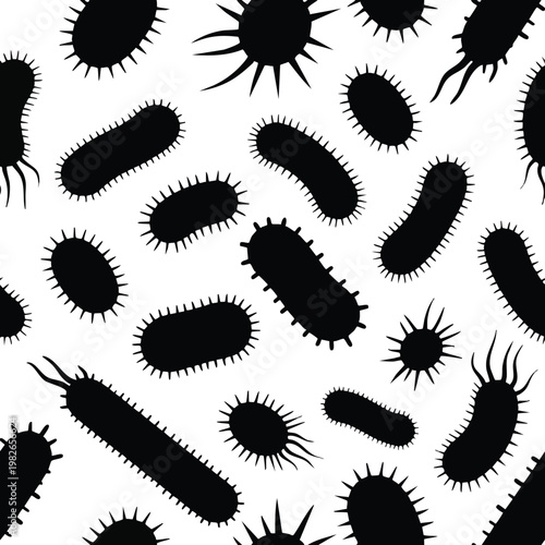 Microscopic Bacteria Seamless Pattern. Microbe Cell Background. Medical Science Illustration.