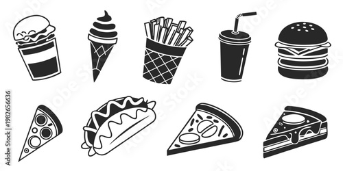 Set of black and white fast food icons featuring burger ice cream french fries soda pizza slice hot dog junk food snack bar street food takeaway restaurant delicious appetizer unhealthy