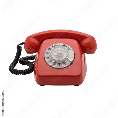 фотографія Front view of a vibrant red vintage rotary telephone with a classic dial, isolated on a transparent background