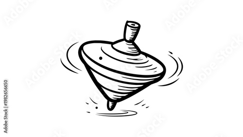 A minimalist black line vector icon of a classic spinning top toy, hand-drawn illustration on a white background with motion lines representing speed and rotation, scalable SVG graphic.