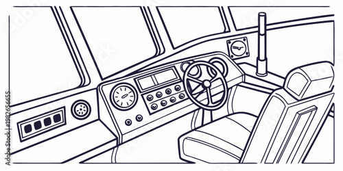 Interior view of a train cabin control cockpit with a steering wheel and instrument panel steering controls dashboard instrument locomotive transport railroad interior transportation