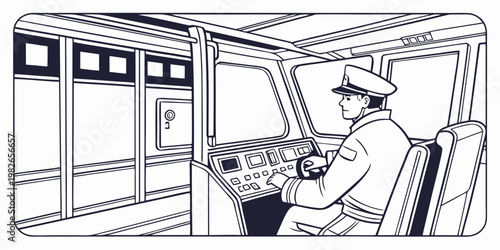 Black and white line art illustration of a train driver in uniform inside a cockpit control cabin with operator transport professional locomotive controls dashboard railroad transportatio