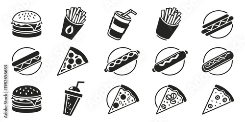 Fast food icon set including burger pizza slice french fries soda cup hot dog in circular frames with junk food street food collection takeaway restaurant delicious appetizer refreshment