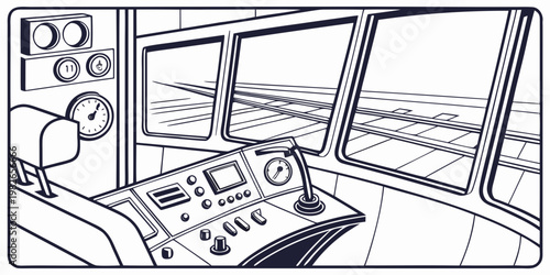 Black and white line art illustration of an empty train cockpit looking out onto railroad tracks with locomotive transport dashboard controls railroad infrastructure interior technical