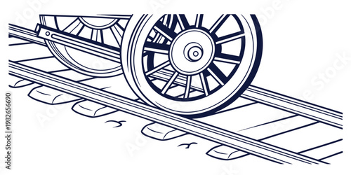 Vintage locomotive train wheel sitting on metal railroad tracks illustration with locomotive railroad transport transportation engineering mechanical industry carriage historical