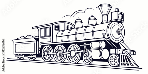 Steam train locomotive with smoke line art vector steam engine locomotive railroad transportation transport historic isolated monochrome illustration carriage industrial technology
