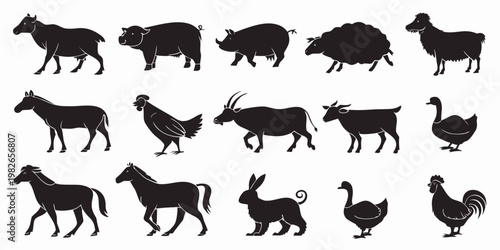 Diverse collection of farm livestock and poultry silhouettes for agricultural designs with livestock agriculture countryside domestic silhouette collection breeding creature husbandry