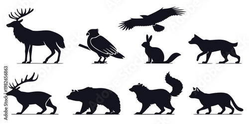 Black silhouette collection of wild forest animals and birds isolated on white background with silhouette wildlife predator isolated illustration collection creature standing woodland