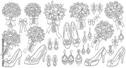 Wedding Accessories and Bridal Bouquet Collection Line Art.