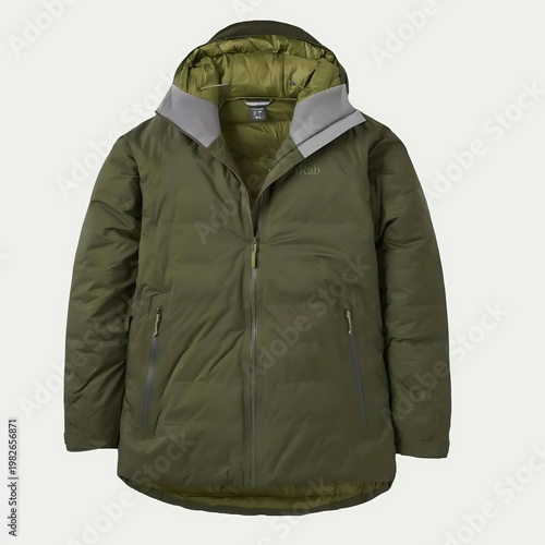 Premium Olive Green Waterproof Hooded Jacket Isolated on White Background.