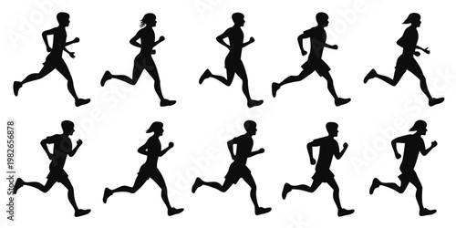 Group of ten diverse runner silhouettes in motion for fitness and sports design with silhouette exercise training movement lifestyle character isolated background collection endurance