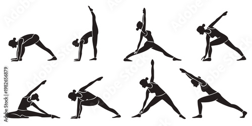 Collection of female yoga silhouettes showing various flexibility and strength poses with silhouette exercise flexibility training lifestyle wellness gymnastics meditation activity