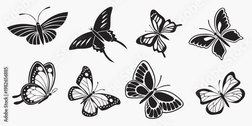 Various butterfly silhouettes for artistic graphic projects with butterfly silhouette monochrome decorative illustration isolated different detailed ornamental creative template