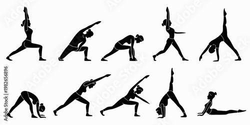 Yoga practice silhouettes collection of women in stretching and strength asanas with silhouette exercise flexibility training lifestyle wellness gymnastics meditation activity practice