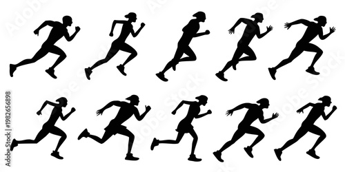 Collection of ten various running person silhouettes in action pose with silhouette exercise training movement lifestyle character isolated background collection illustration endurance