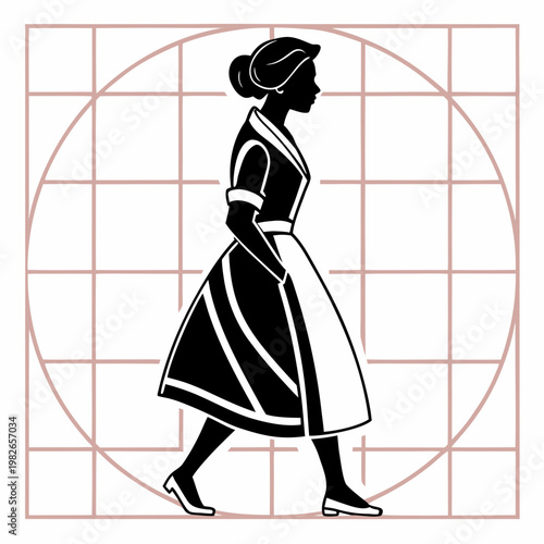 Black silhouette of a woman walking inside a geometric circle frame on a white background with silhouette geometric illustration minimalist isolated feminine movement sophisticated