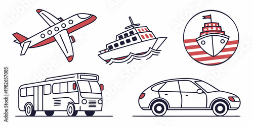 Set of modern line art transportation icons including airplane cruise ship passenger bus sedan car with transportation aviation collection movement automobile airplane transport logistics