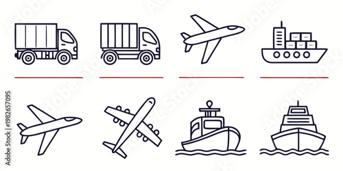 Logistics and transportation icon set featuring cargo trucks airplanes and shipping vessels logistics shipping transport delivery airplane transportation industry aviation maritime