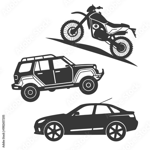 Off road suv and dirt bike vector silhouettes for extreme sports graphic design with motorcycle dirtbike silhouette transport adventure transportation elements isolated climbing