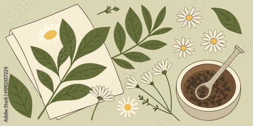 Hand drawn elements of chamomile flowers and wooden mortar pestle with herbs chamomile botanical wellness illustration medicine holistic alternative ingredient traditional apothecary