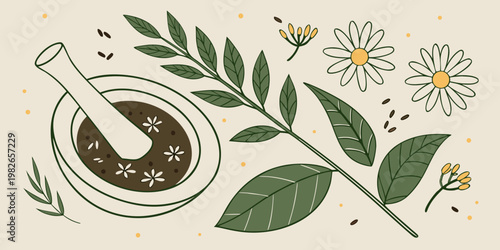 Graphic illustration of herbal preparation with chamomile and mortar pestle chamomile botanical wellness illustration medicine holistic alternative ingredient traditional apothecary
