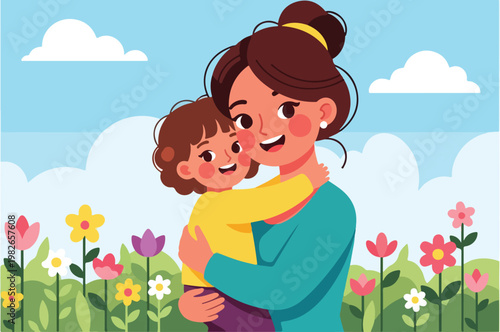 Mother and child hug happy.