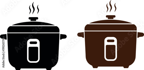 Two rice cookers emitting steam in contrasting colors