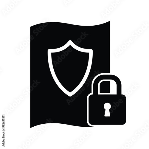 Black silhouette of a document with shield and padlock